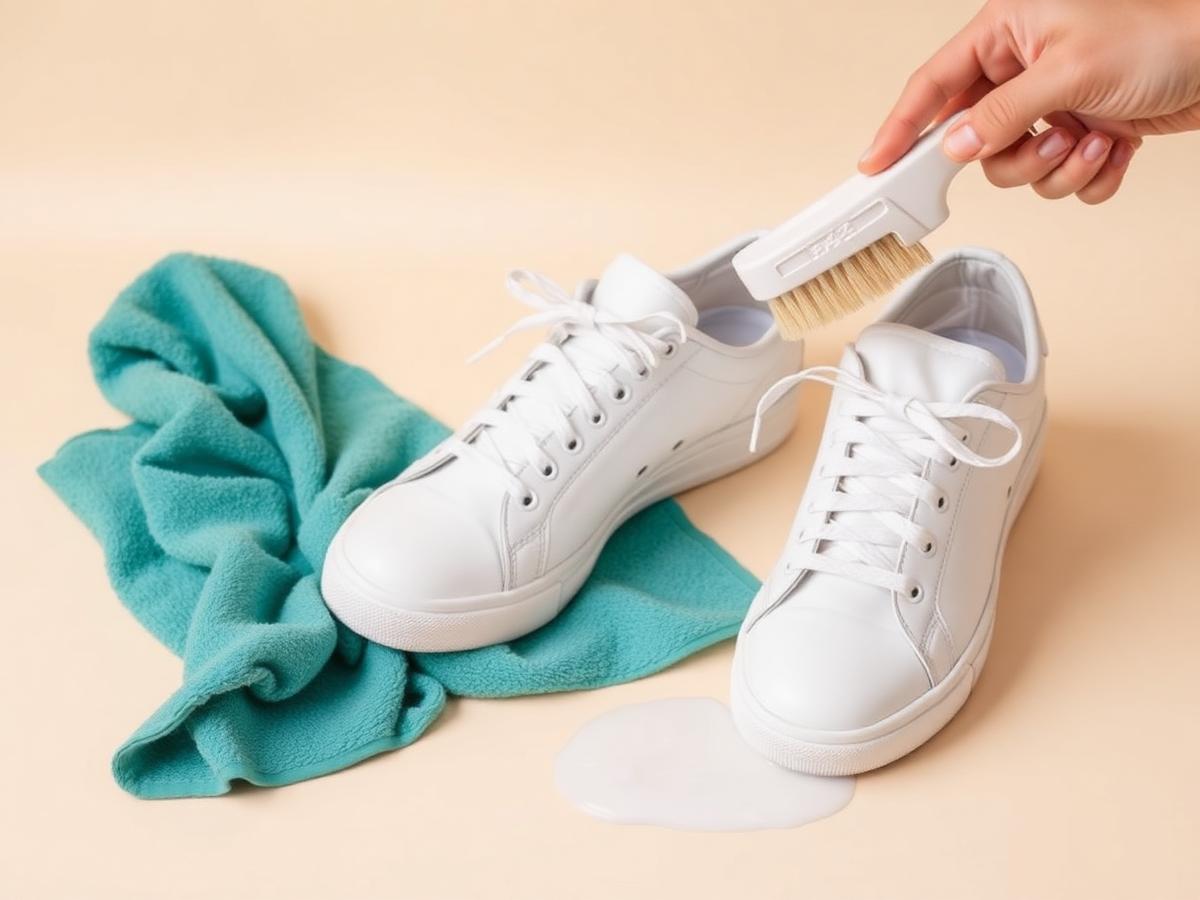 White sneakers being cleaned by hand